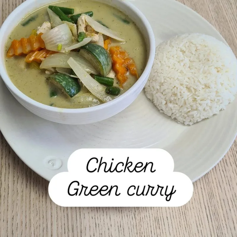 Chicken green curry with jasmine rice Charm Thai Cafe Doncaster