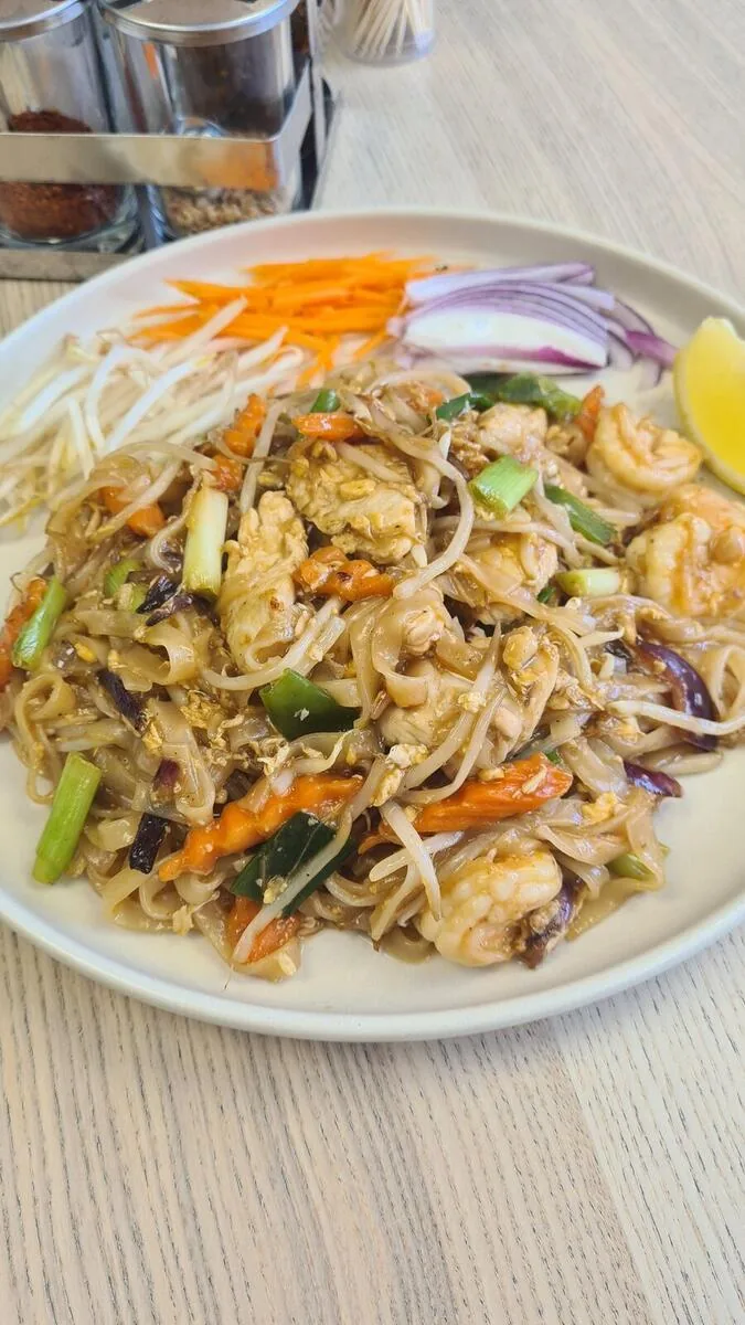 Pad Thai with prawn and chicken rice noodles beansprouts Charm Thai Cafe Doncaster